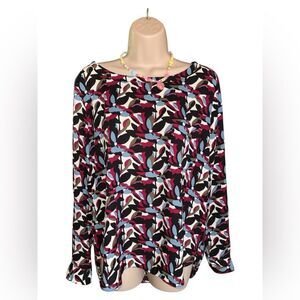 LOFT Multicolor Leaf Print Blouse Botton Cuff Long Sleeve crewneck HighLow